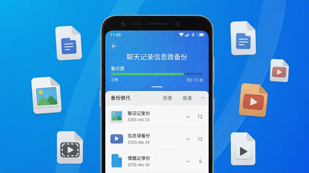 画面主体为一部安卓手机正在执行文件备份任务,屏幕显示备份进度条与文件列表,上方有“聊天记录信息微备份”字样。布局为手机居中,周围环绕浮动的文件图标(文档、图片、视频),背景为科技蓝渐变,风格简洁明亮,细节丰富,画质清晰干净,无多余元素。