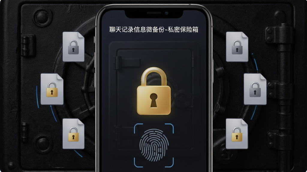 画面主体为手机屏幕显示保险箱界面,背景为深色纹理,中央有一个金色锁形图标,周围环绕加密文件缩略图,屏幕顶部有“聊天记录信息微备份-私密保险箱”字样。布局居中对称,风格科技感强,细节包含指纹识别动画,画质清晰干净,无多余元素。