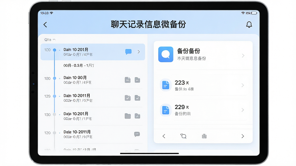 画面主体为平板电脑横屏展示备份记录管理界面,左侧为时间轴列表,右侧为备份详情卡片,顶部有“聊天记录信息微备份”文字。布局左右对称,配色采用浅蓝与白色,风格简约商务,细节包括日期标识、文件类型图标,画质高清干净,无多余元素。
