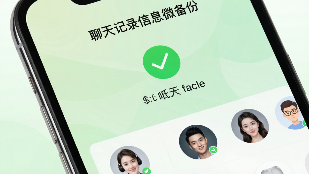 画面主体为手机屏幕显示通讯录备份完成界面,上方绿色对勾图标,下方列出备份的联系人数量,背景为淡绿色渐变,顶部有“聊天记录信息微备份”字样。布局简洁,风格清新自然,细节包括联系人头像圆形排列,画质干净高清,无多余元素。