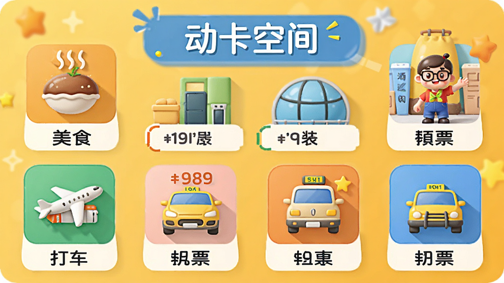 一张展示“动卡空间”APP生活服务板块的图片,画面中排列着美食、酒店、机票、打车等图标,每个图标下方配有简短文字说明,背景为暖黄色调,整体风格活泼明亮,突出优惠信息,画质高清,干净,无多余元素