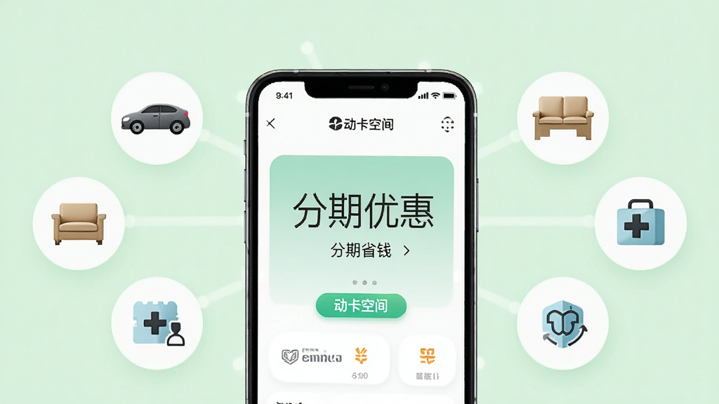 一张展示“动卡空间”APP分期购物场景的图片,画面中央是一部手机,屏幕显示“分期优惠”字样,周围环绕着汽车、家具、医疗等小图标,背景为淡绿色,整体风格简洁商务,突出分期省钱的理念,画质清晰,干净,无多余元素