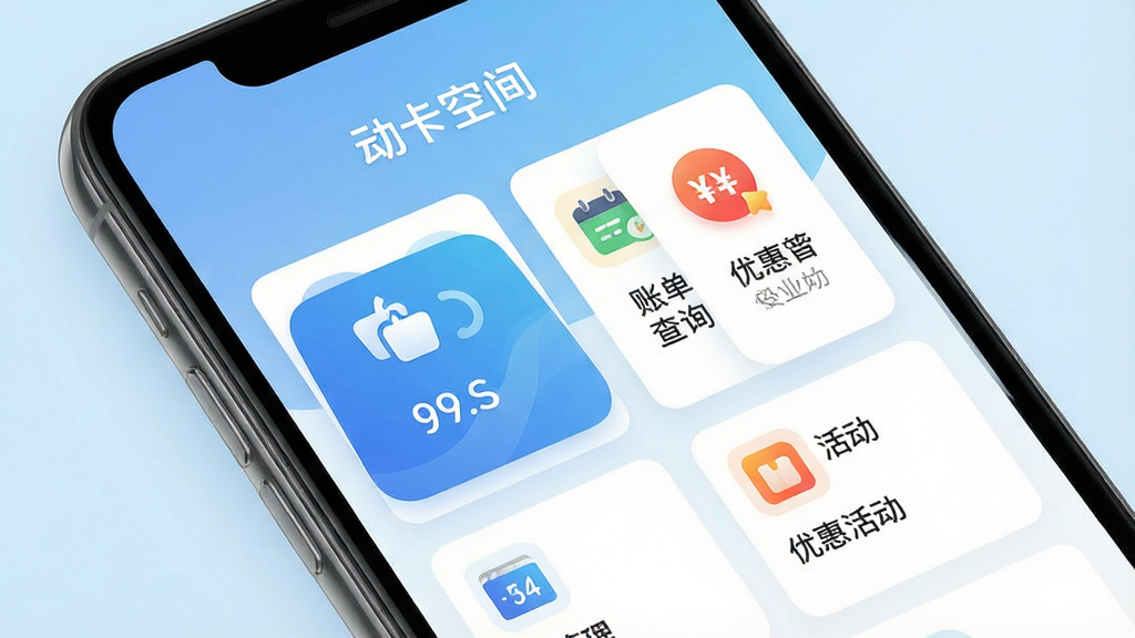 一张展示智能手机屏幕的特写,屏幕中清晰显示“动卡空间”APP的首页界面,界面包含卡片管理、账单查询、优惠活动等模块图标,背景为干净的浅蓝色渐变,整体风格简洁现代,突出APP的品牌感,画质高清,干净,无多余元素