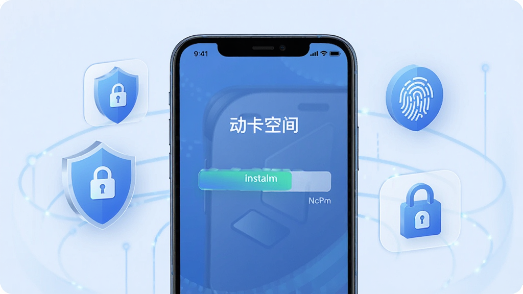 一张展示手机安装“动卡空间”APP过程的图片,手机屏幕显示安装进度条,周围有安全盾牌、指纹锁等图标,背景为淡蓝色,整体风格科技感强,突出安全可靠,画质高清,干净,无多余元素