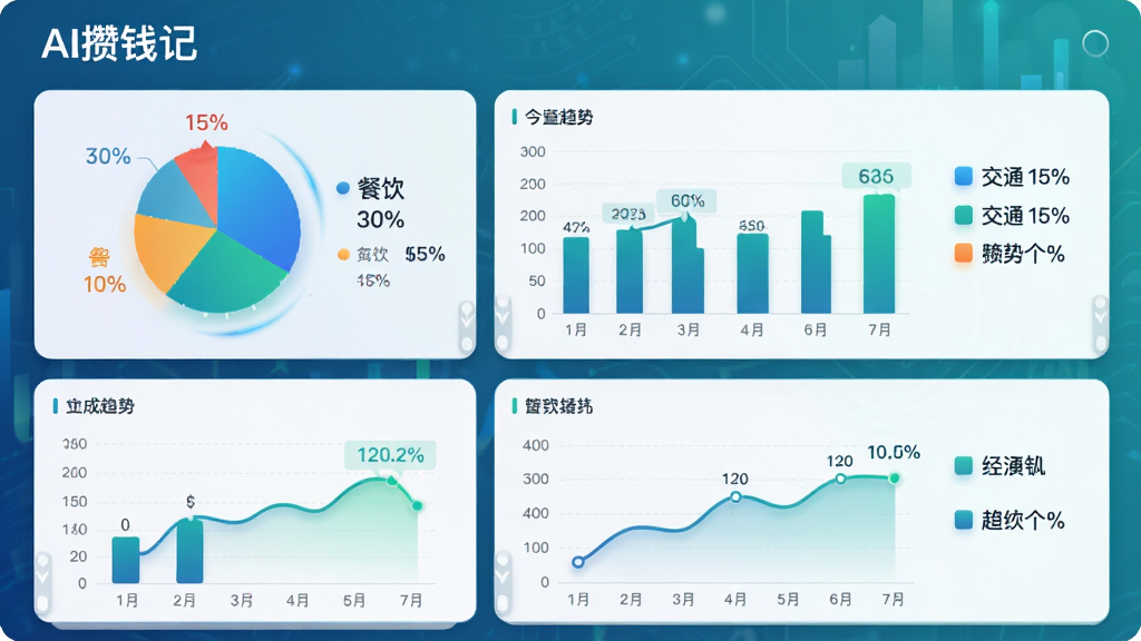 ���壺չʾ��AI��Ǯ�ǡ��Ĳ������ҳ�棬������ɫ��ͼ����״ͼ����������ͼ��ͼ���·���ע������ 30%��������ͨ 15%�������ݣ����֣�ͼ���������У�ҳ�����չʾ���Ű棺���ݱ�ǩ������ͼ�����Ҳࣻ��������࣬����ɫϵ��ϸ�ڣ�ͼ����̬Ч������ֵ��ȷ����λ�����ʣ�������Ⱦ���ɾ��޶���Ԫ�ء�
