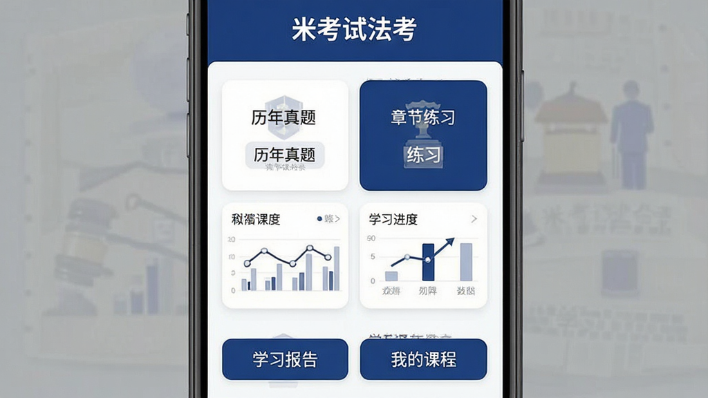 米考试法考APP主界面,展示题库列表与学习进度图表,手机竖屏布局,扁平化设计风格,主色调为深蓝色与白色,顶部显示“米考试法考”字样,中间为历年真题与章节练习入口卡片,底部为学习报告与我的课程按钮,画质清晰,干净无多余元素