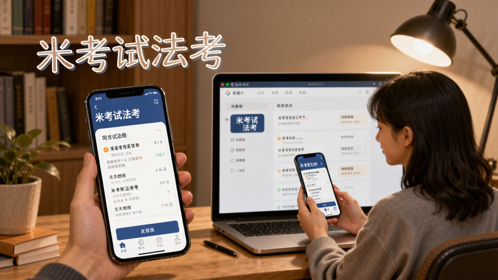 米考试法考使用指南插画,手机与电脑同步学习场景,背景有书架与台灯,用户正使用APP刷题,风格温馨写实,突出“米考试法考”字样,画质干净,细节丰富