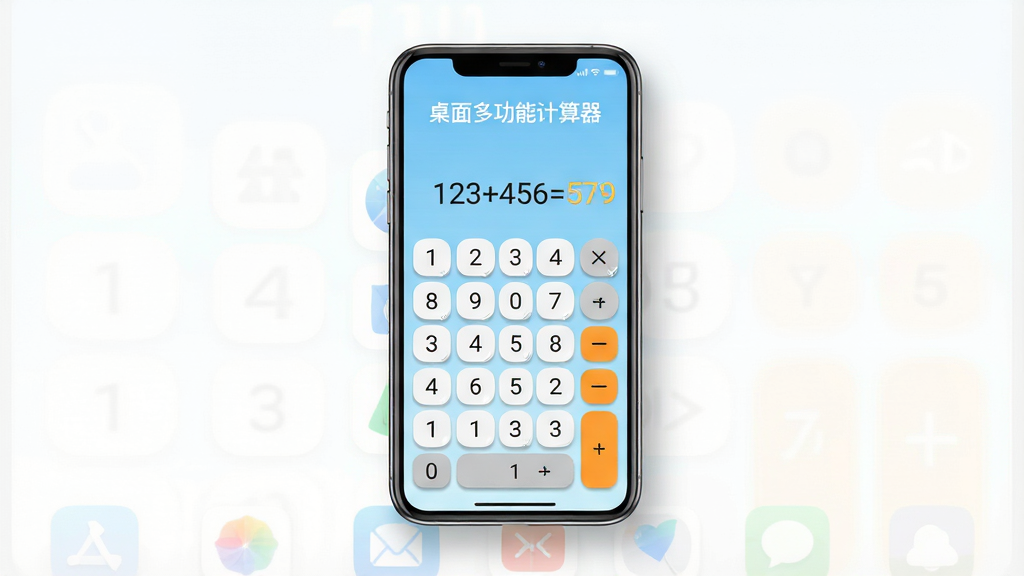 主体:一部智能手机屏幕显示“桌面多功能计算器”主界面,数字按钮排列整齐,背景为浅蓝色渐变,整体画面简洁明亮。布局:手机居中,屏幕内容为主要视觉焦点,周围留白,下方有淡淡的应用图标投影。排版:界面数字键采用网格布局,标题“桌面多功能计算器”位于屏幕上方居中,字体清晰。风格:扁平化设计,现代感强,色彩明快,符合工具类应用气质。细节:屏幕中显示算式“123+456=579”,结果高亮显示,按键带有轻微阴影反馈。画质:高清渲染,干净无多余元素。