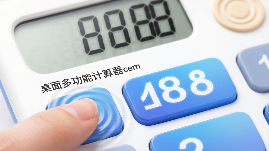 主体:手指点击“桌面多功能计算器”大按键的近距离特写,屏幕显示数字“888”,按键带有蓝色渐变。布局:手指位于左下角,屏幕占据画面大部分,右上角有浅色圆形装饰。排版:按键数字大而醒目,间距明显,背景为白色。风格:亲和力强,柔光效果,给人舒适易用的感觉。细节:按键按下时有淡淡涟漪反馈,屏幕边缘圆润。画质:高清微距拍摄感,干净无阴影杂物。