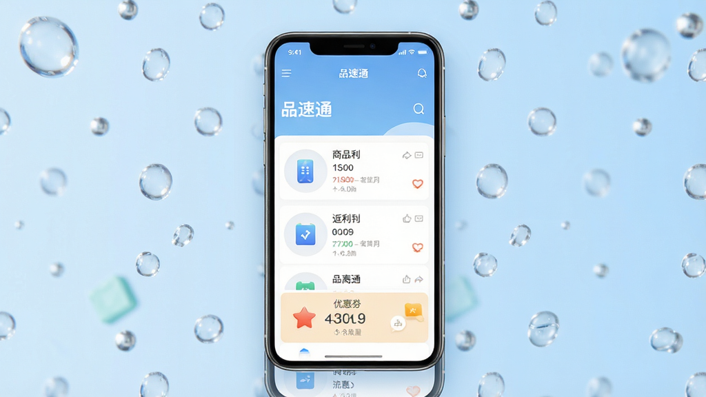 一张现代简约风格的手机应用界面展示图,主体为品速通APP首页,屏幕内清晰显示“品速通”字样、商品返利列表和优惠券金额,布局干净清爽,背景为柔和的浅蓝渐变,整体风格扁平化设计,细节精致,画质高清,干净无多余元素