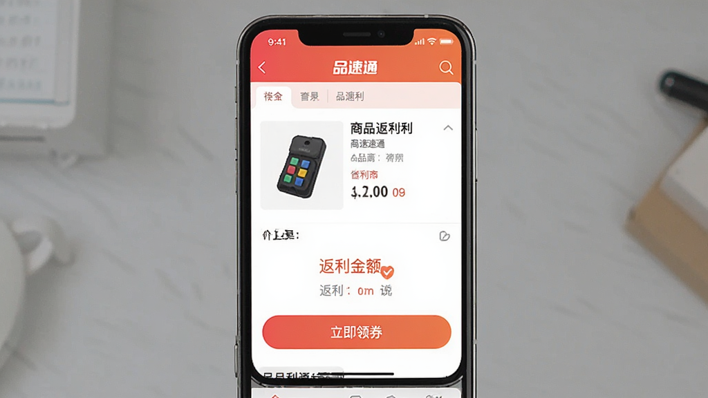 一幅展示品速通APP内商品返利详情页的截图预览,主体是手机屏幕,屏内显示“品速通”商品页,包含商品图片、价格、返利金额和“立即领券”按钮,排版清晰,色彩明快,UI界面现代简洁,细节丰富,画质干净,无多余元素
