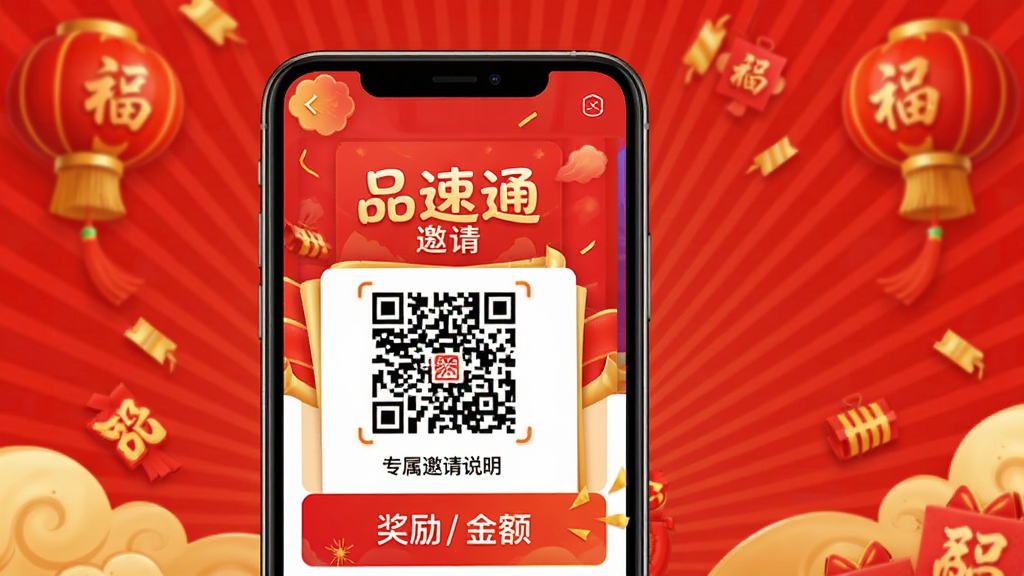 品速通APP邀请好友功能界面展示图,主体为手机界面,屏内显示“品速通”邀请海报模板、专属邀请二维码和奖励金额说明,背景搭配喜庆的红色与金色元素,布局合理,风格活泼,细节到位,画质清晰,干净无多余元素