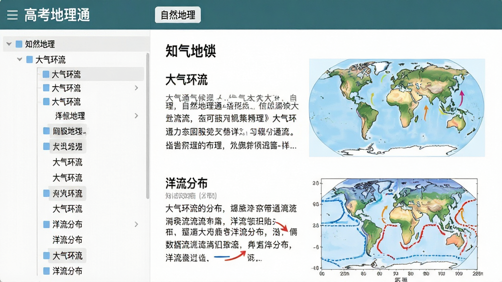主体:“高考地理通”应用内的知识点详情页面截图。布局:左侧为清晰的目录树,右侧显示具体知识点内容,配有世界地图和气候分布图表作为视觉辅助。排版:信息层级分明,标题加粗,正文与图表穿插,阅读舒适。风格:简洁的教科书风格,专业严谨。细节:页面顶部有“自然地理”分类标签,内容中突出显示“大气环流”与“洋流分布”等关键词,并配有手绘风格示意图。画质:高清,干净,无多余元素。