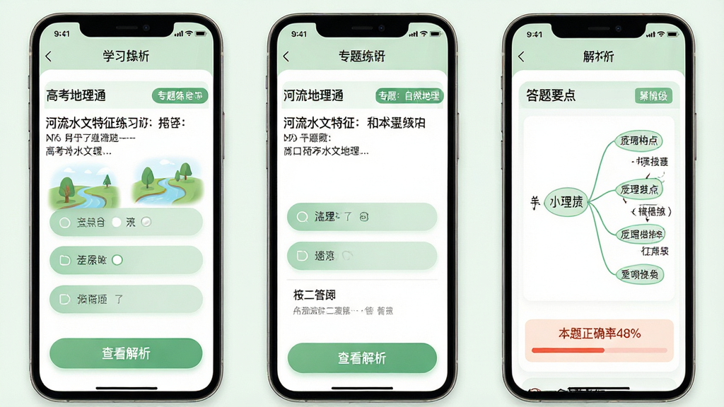 主体:“高考地理通”专题练习界面。布局:居中显示一道关于“河流水文特征”的练习题,下方为答题选项区域,底部是“查看解析”按钮。排版:题干清晰,选项采用圆角矩形按钮设计,交互感强。风格:清爽的学习类App风格,淡绿色主色调。细节:题目旁有“专题:自然地理”标签,解析页面包含图文并茂的思维导图,梳理答题要点,并标注“本题正确率48%”。画质:高清,应用界面质感细腻,无多余元素。
