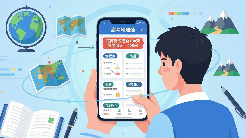 主体:一名高中生正使用手机中的“高考地理通”应用,界面清晰展示着地理知识图谱与高考倒计时。布局:手机屏幕位于视觉中心,周围环绕着地球、地图、山脉等地理元素图标,背景为淡蓝色渐变的科技感学习场景。排版:手机界面内的功能模块如“知识点”、“专题”、“同步练习”以卡片式整齐排列,画面层次分明。风格:现代扁平化插画风格,色彩明快,充满学习氛围与科技感。细节:手机屏幕上显示“高考地理通”字样,并伴有“距离高考还有100天”的醒目倒计时标签,书本和笔等学习元素点缀四周。画质:高清,干净,无多余元素。