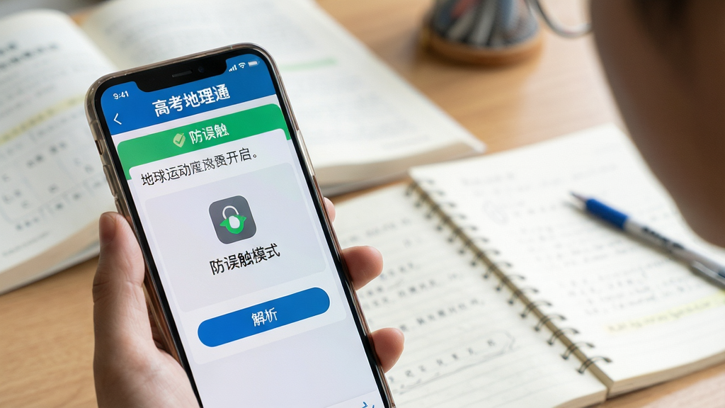 主体:学生手持手机使用高考地理通应用进行复习的场景特写。布局:前景是手机屏幕,屏幕上显示着“防误触模式”已开启的提示图标,背景是书桌上的教材和笔记。排版:主体突出,背景虚化,聚焦于应用界面。风格:写实生活照风格,光线明亮柔和。细节:手机屏幕上能看到“高考地理通”的Logo,界面内有一道关于地球运动的选择题,下方有“解析”按钮,界面顶部有绿色“防误触”标识。画质:高清,细腻,无多余元素。