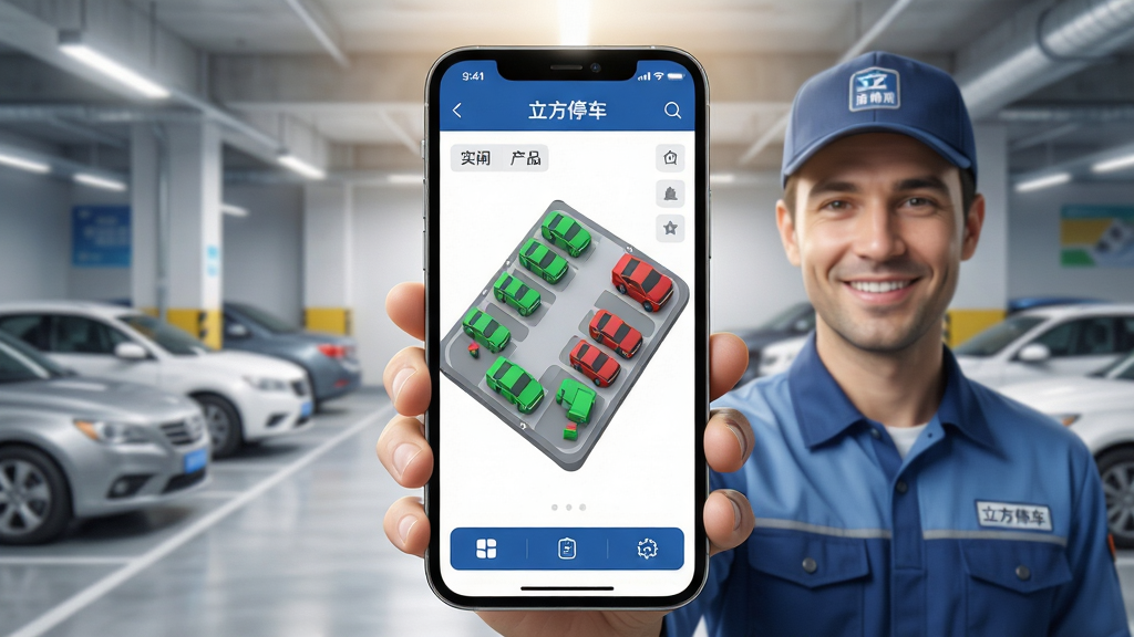主体:一位停车场管理员手持智能手机,屏幕上清晰显示“立方停车”软件的车位实时监控界面,画面中可见绿色空闲车位与红色占用车位图标。布局:手机屏幕位于视觉中心,周围环绕现代化停车场环境,车辆整齐停放。排版:手机界面占据画面三分之二,界面元素清晰可辨,包括顶部状态栏、中部车位分布图、底部功能按钮。风格:写实风格,明亮通透,色彩还原真实,突出科技感与管理效率。细节:手机屏幕中的车位图带有立体效果,管理员面带微笑,背景有柔和的光晕,整体画面干净无杂乱元素。画质:4K超清,细腻逼真,无多余元素。