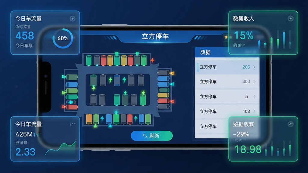 主体:手机横屏展示“立方停车”软件的实时监控大屏,画面中显示停车场平面图,每个车位用不同颜色标识状态。布局:手机居中,四周有半透明的数据面板,展示今日车流量、收入等数据。排版:界面布局清晰,左侧为车位图,右侧为数据列表,底部有刷新按钮。风格:扁平化设计搭配科技蓝与绿色,现代感强,数据可视化图表丰富。细节:车位状态图标闪烁动态效果,数据面板有微微的发光边框,整体画面干净整洁。画质:高清渲染,色彩鲜明,无多余元素。