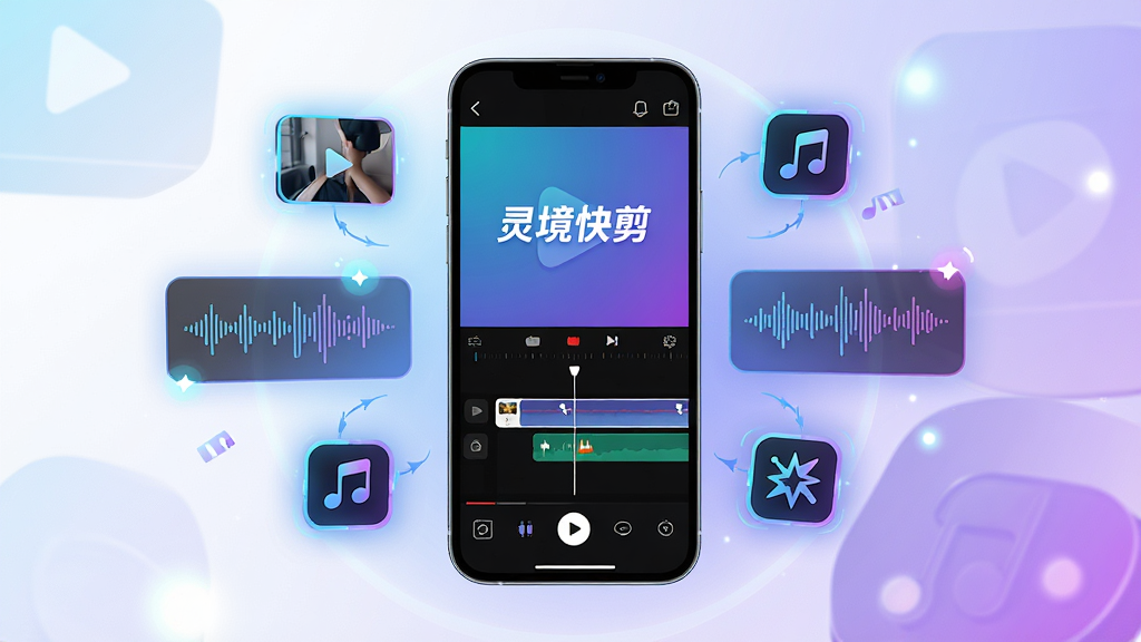 主体:一部智能手机屏幕显示灵境快剪剪辑界面,周围有视频片段、音乐波形、特效图标等元素漂浮。布局:手机居中,四周留白,图标环绕分布。排版:画面平衡,主次分明。风格:现代科技感,色彩明亮,蓝色与紫色渐变背景。细节:屏幕内显示时间线轨道和“灵境快剪”文字Logo,图标带有发光效果。画质:8K超高清,干净无多余元素。