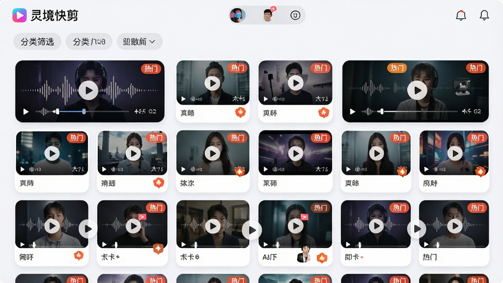 主体:灵境快剪模板库界面,展示多个视频模板缩略图,每个缩略图上有播放按钮和“热门”标签。布局:网格状排列,上方有分类筛选栏。排版:整齐有序,缩略图大小统一。风格:清新明亮,卡片式设计,圆角边框。细节:缩略图显示不同风格的视频画面,有音乐波形和卡点标记,界面顶部有“灵境快剪”Logo。画质:高清,干净无多余元素。