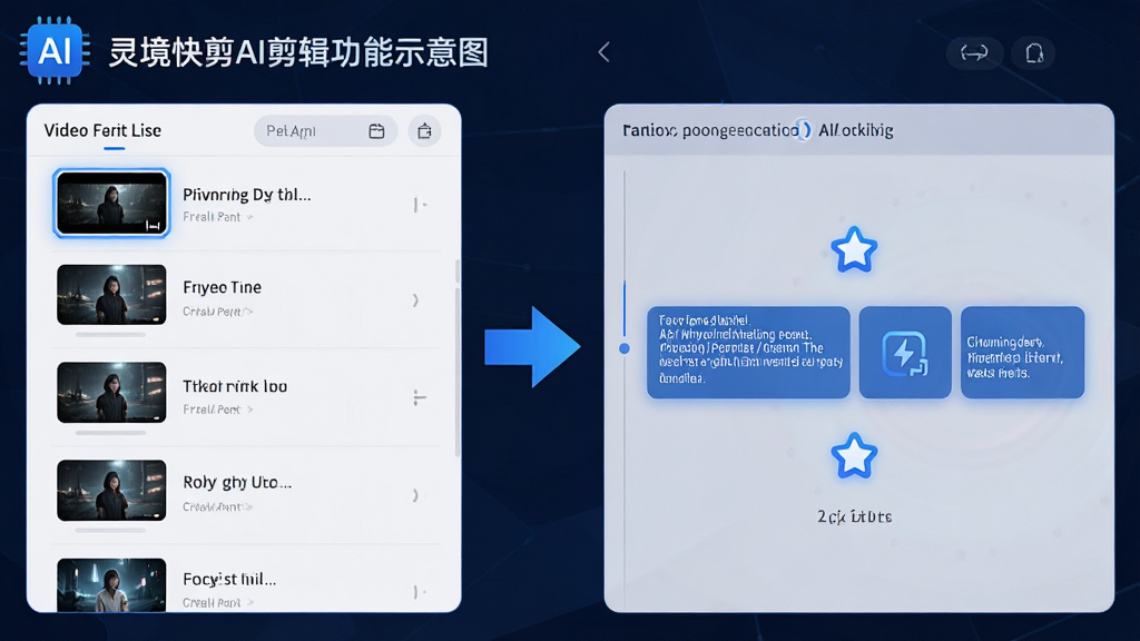 主体:灵境快剪AI剪辑功能示意图,左侧是视频素材列表,右侧是自动生成的字幕轨道和转场标记。布局:左右分栏,中间有箭头连接。排版:逻辑清晰,展示AI处理流程。风格:简洁科技感,蓝色色调。细节:字幕轨道上显示文字块,转场标记为星形图标,界面有“AI”标识。画质:超清,干净无多余元素。