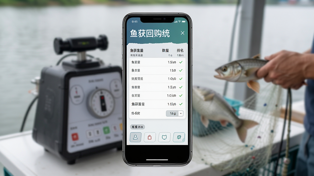 微钓商户端鱼获回购统计界面,手机屏幕显示鱼获重量、数量、排名表格,背景为渔获称重场景,画面写实,布局整洁,风格简约实用,细节丰富,画质清晰,干净无多余元素