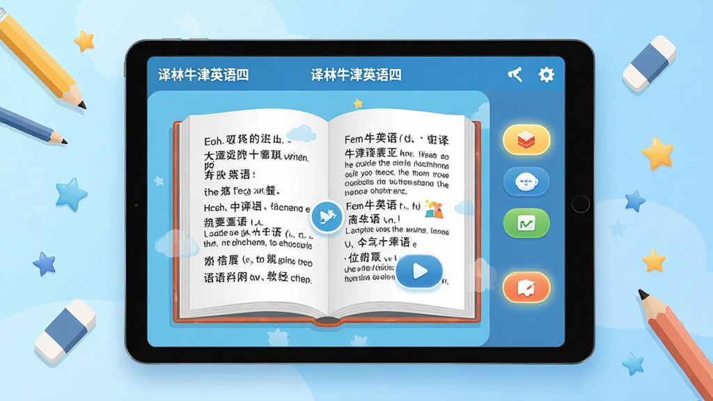 主体:一款名为“译林牛津英语四”的英语学习APP界面,展示在平板电脑上,屏幕内显示一本打开的英语课本,页面有中英文对照文字和播放按钮。布局:平板居中,背景为浅蓝色渐变,周围有铅笔、橡皮擦、小星星等学习元素点缀。排版:APP界面清晰,左侧为课文内容,右侧为功能按钮。风格:扁平化插画风格,色彩明快温馨。细节:屏幕上的文字清晰可见,按钮有微光效果。画质:高清渲染,干净,无多余元素。