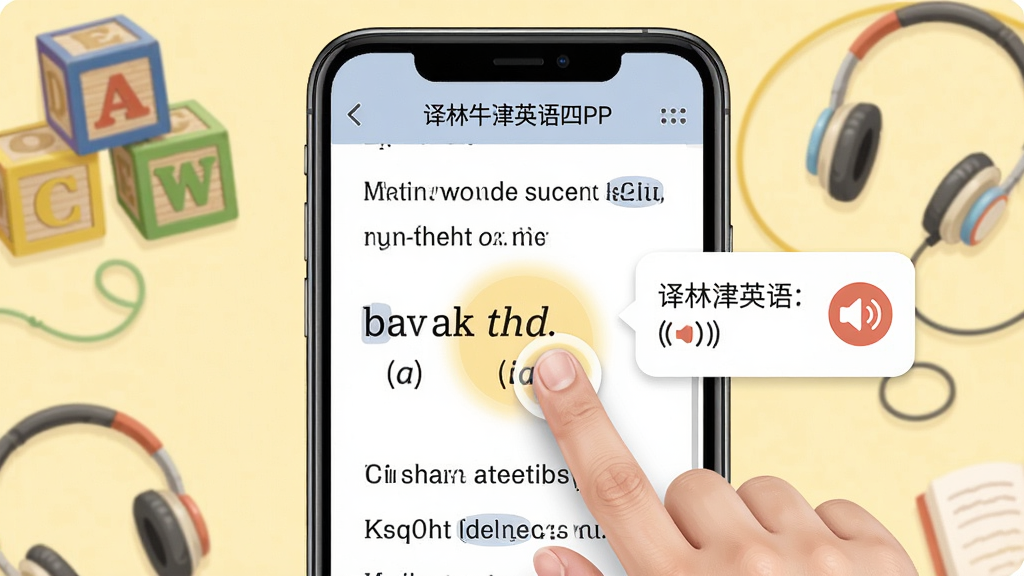 主体:一张展示“译林牛津英语四”APP点读功能的截图,手机屏幕显示课文页面,手指点击一个英文单词,旁边弹出中文释义和发音图标。布局:手机居中,背景为浅黄色,周围有英文字母积木、耳机等元素。排版:手机屏幕内容为主,周围点缀元素不遮挡屏幕。风格:写实与插画结合,色彩柔和。细节:手指点击的位置有高亮光圈,单词下方标注音标。画质:高清,干净,无多余元素。