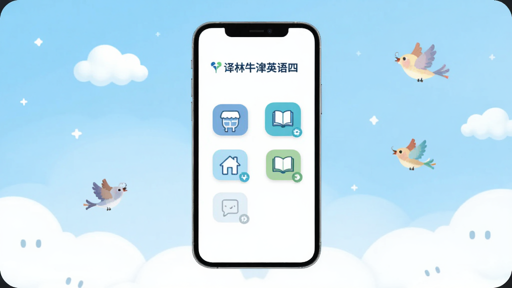 主体:展示“译林牛津英语四”的简洁主界面,只有几个功能图标,没有广告横幅。布局:手机屏幕居中,背景为纯白色,周围有云朵、小鸟等轻松元素。排版:界面图标排列整齐,留白充足。风格:极简设计,干净清爽。细节:图标有圆角,无多余文字。画质:高清,干净,无多余元素。