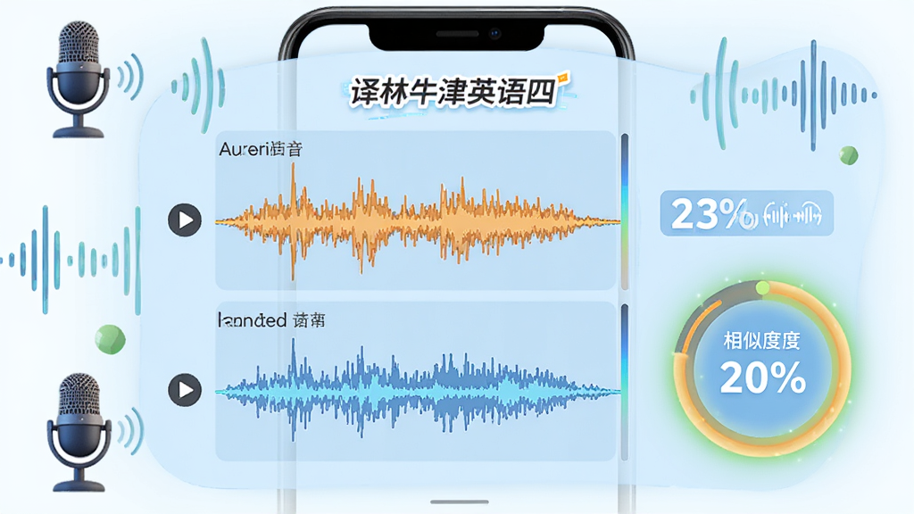 主体:展示“译林牛津英语四”发音对比功能的界面,分为上下两个波形图,上方为标准发音,下方为学习者录音,旁边有相似度百分比评分。布局:手机屏幕居中,背景为淡蓝色,周围有麦克风、声波图形元素。排版:波形图清晰对比,评分数字醒目。风格:科技感插画,色彩清新。细节:波形图颜色区分,评分环带发光。画质:高清,干净,无多余元素。