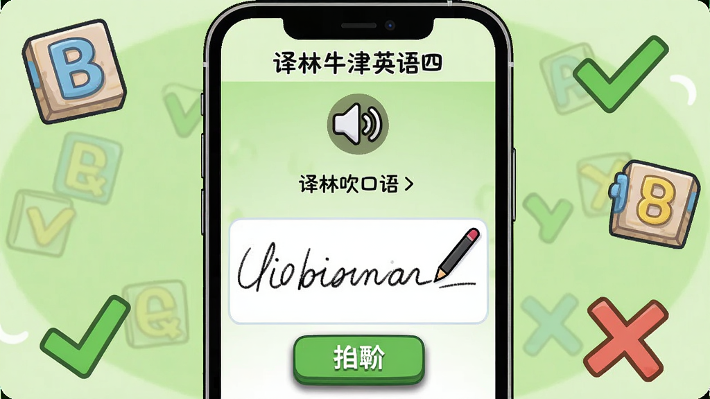 主体:展示“译林牛津英语四”单词听写功能,手机屏幕显示听写页面,上方有喇叭图标播放单词,下方有书写区域和提交按钮。布局:手机居中,背景为淡绿色,周围有字母方块、对勾和叉号图标。排版:听写区域居中,按钮清晰。风格:卡通插画风格,色彩明亮。细节:书写区有笔迹效果,提交按钮有阴影。画质:高清,干净,无多余元素。
