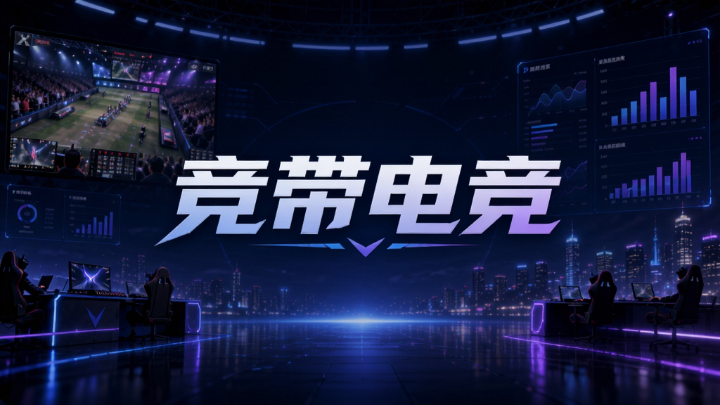 现代科技感电竞平台主视觉,画面中央显示“竞带电竞”品牌字样,背景融合赛事直播画面、数据图表和城市夜景,布局大气,蓝紫色调,高画质,干净无多余元素