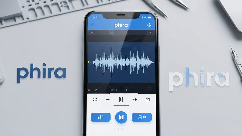 主体:一款名为“phira”的手机音乐剪辑软件界面,屏幕显示音频波形编辑页面。 布局:手机占据画面中心,背景为浅灰色工作台,手机屏幕内展示波形图与剪辑按钮。 排版:手机竖屏展示,界面元素清晰,周围留白,突出软件名称“phira”字样。 风格:现代科技感,简洁明亮,色彩以蓝白为主。 细节:波形图细腻,按钮带有图标,屏幕反射微光,画质清晰。 画质:8K超清,干净,无多余元素。