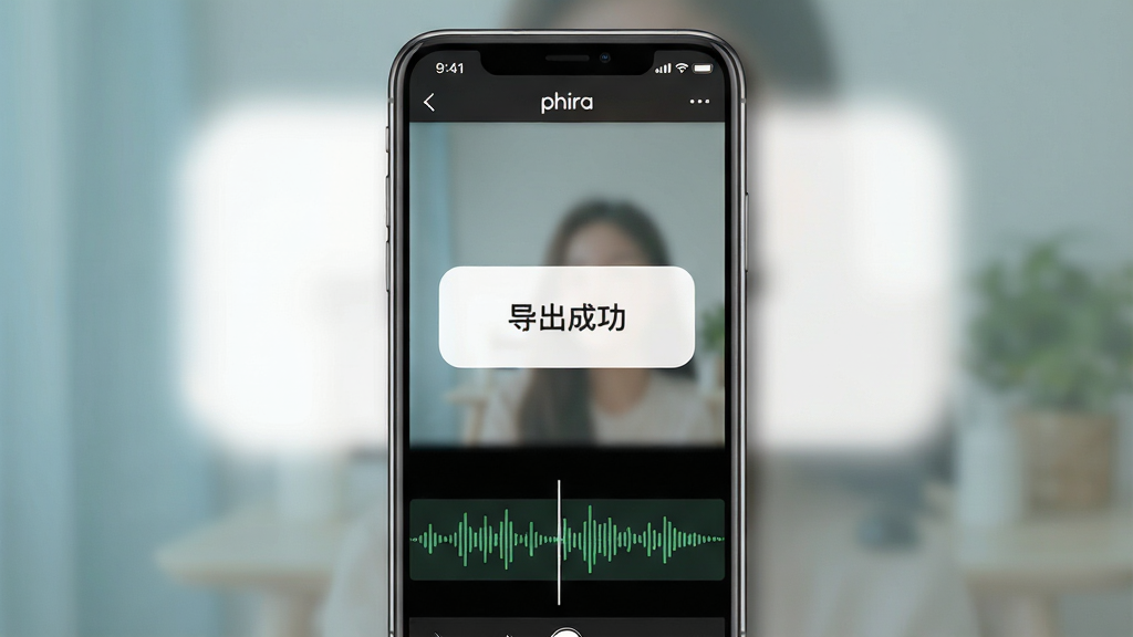 主体:手机端phira软件运行界面,显示剪辑完成并导出成功的页面。 布局:手机竖屏,屏幕中央显示“导出成功”提示框,下方为音频波形。 排版:简洁明了,提示框圆润,背景模糊处理。 风格:清爽浅色系,给人安心感。 细节:手机边缘有淡淡阴影,屏幕内容清晰,画质干净。