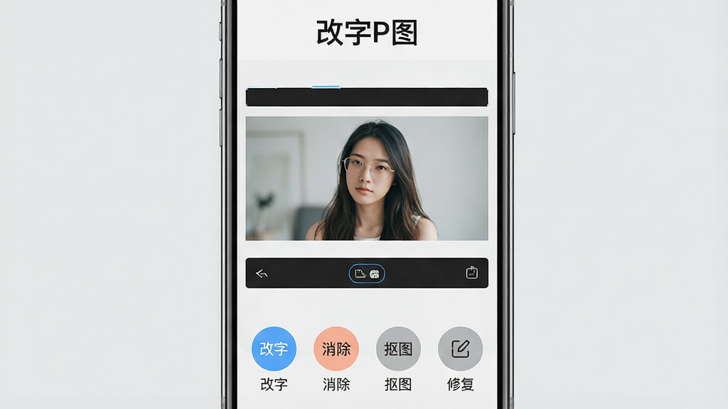 一张智能手机屏幕展示改字P图应用主界面,界面整洁,顶部显示“改字P图”品牌字样,中间展示图片编辑工作台,下方排列“改字、消除、抠图、修复”四个圆形功能按钮,背景为浅灰色,整体风格现代简约,画质高清,干净无多余元素