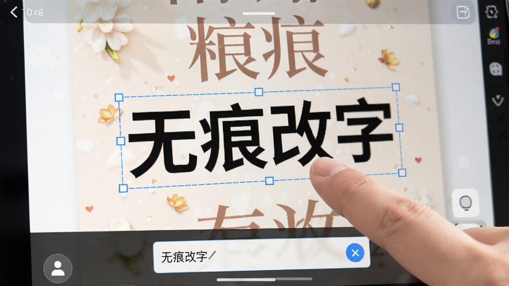 改字P图软件操作界面特写,手指正在框选海报上的一行文字,屏幕下方弹出输入框,背景是一张精美的商品海报,图片风格清晰明亮,突出“无痕改字”功能,画质细腻,干净无多余元素