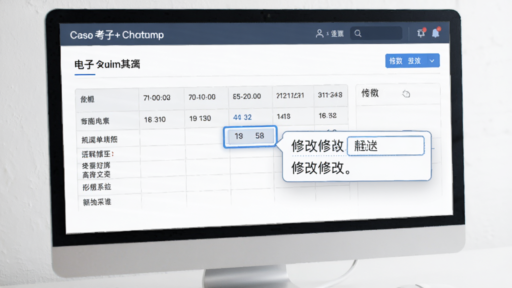 改字P图单据微调功能界面,屏幕显示一张电子考勤表,某个时间数字被框选并弹出修改输入框,界面风格商务简洁,清晰展示文字修改过程,画质干净