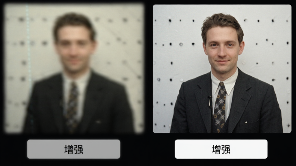 改字P图画质修复效果对比图,左侧为模糊不清的旧照片,右侧为修复后清晰锐利的同一照片,界面下方有“增强”按钮,图片风格简洁直观,画质高清