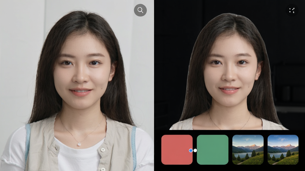 改字P图抠图换背景功能展示,屏幕左侧是原始人物照片,右侧是抠出的人物主体,下方显示多种纯色和风景背景选项,界面简洁,主体突出,画质清晰,无多余元素