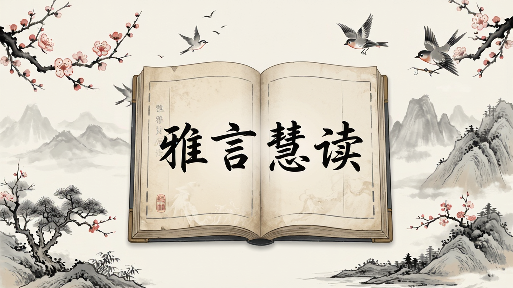 一幅充满古风韵味的插画,画面中央是一本翻开的古籍,书页上隐约浮现“雅言慧读”四个毛笔字,周围点缀着山水、梅花、飞鸟等传统元素,整体色调淡雅,以米黄、浅灰、墨色为主,布局均衡,排版古典,细节丰富,画质高清,干净无多余元素