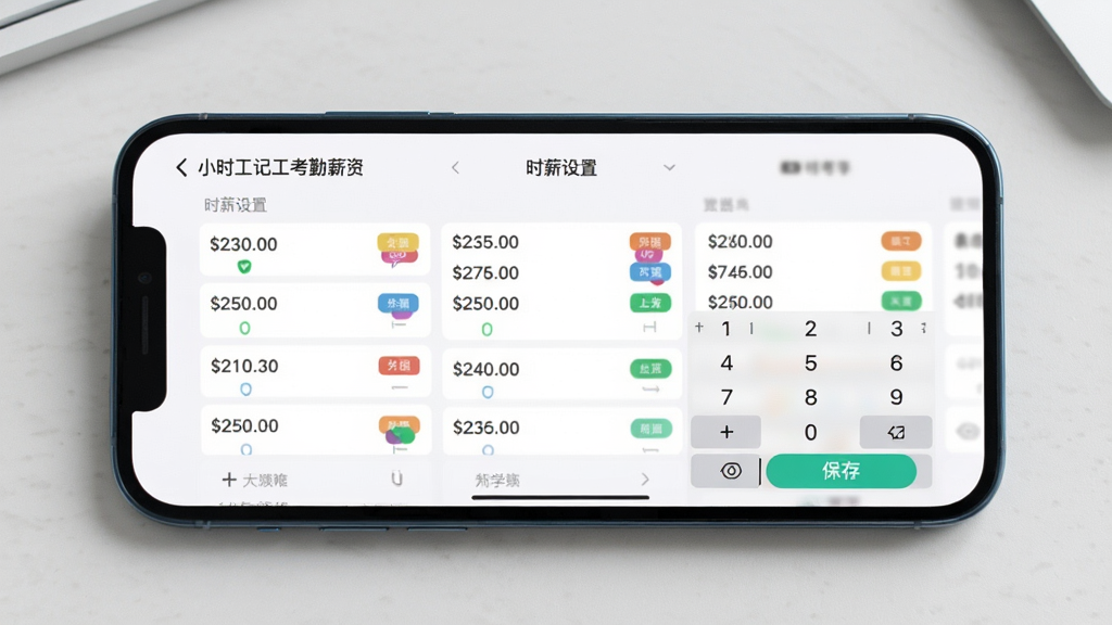 手机横屏展示“小时工记工考勤”的薪资设置页面,页面顶部有“时薪设置”字样,下方排列着多个可编辑的薪资条,每个薪资条旁有对应的颜色标签,背景为浅灰色桌面,布局规整,排版清晰,风格简约商务,细节包括数字键盘弹出和保存按钮高亮,画质干净无多余元素