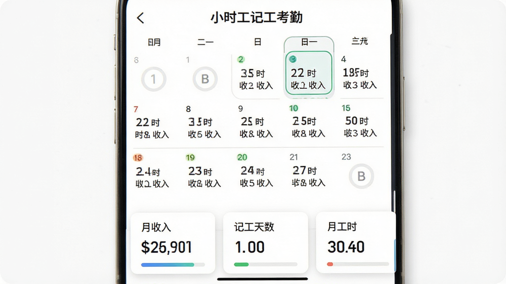 手机屏幕展示“小时工记工考勤”的日历统计界面,日历网格中每个日期下都标有工时数和收入,底部有三个卡片分别显示“月收入”“记工天数”“月工时”,背景为干净的白色,布局美观,排版整齐,风格清新,细节包括日期上的小圆点标记和进度条动画,画质高清干净,无多余元素