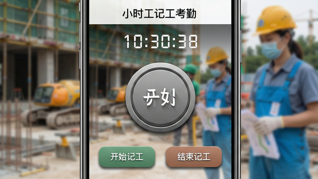 特写手机屏幕显示“小时工记工考勤”的计时界面,一个大大的圆形开始按钮位于中央,上方显示当前时间,下方有“开始记工”和“结束记工”两个操作按钮,背景为模糊的工地或家政服务场景,布局清晰,排版简洁,风格写实,细节包括按钮的阴影效果和计时数字的跳动感,画质细腻干净,无多余元素