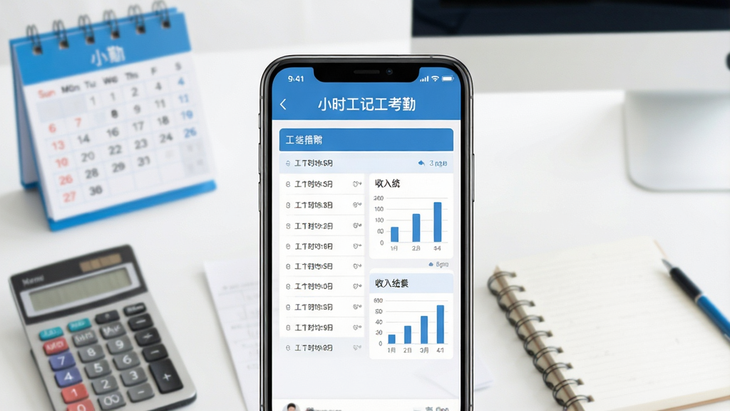 画面以一部智能手机为主体,屏幕中清晰显示“小时工记工考勤”APP的主界面,背景为简洁明亮的现代办公桌面,搭配日历、计算器、笔记本等元素,整体布局居中,采用扁平化设计风格,色彩以蓝白为主色调,细节包括工整的工时列表和收入统计图表,画质高清干净,无多余元素