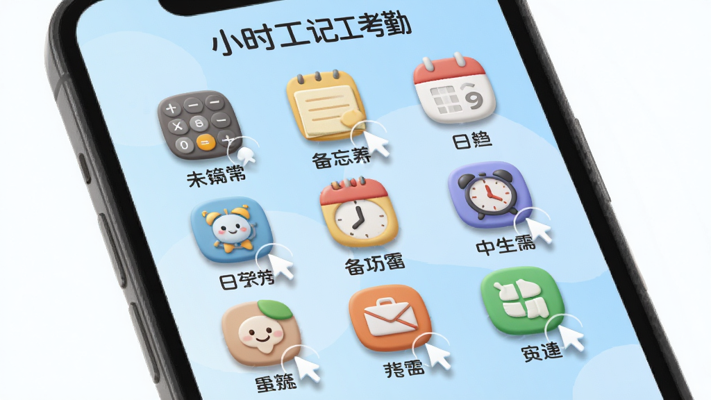 手机屏幕展示“小时工记工考勤”的工具箱页面,以九宫格形式排列计算器、备忘录、日历、闹钟等图标,每个图标下方有中文名称,背景为浅蓝色渐变,布局整齐,排版均匀,风格圆润可爱,细节包括图标的微阴影和点击反馈效果,画质干净无多余元素