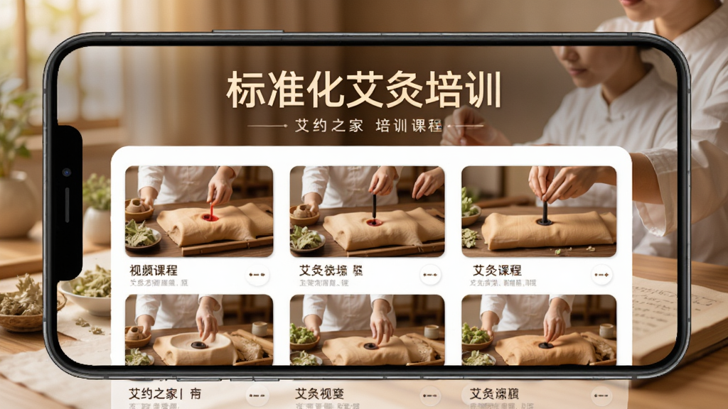 艾约之家培训课程页面,手机界面展示艾灸培训视频课程列表,配有“标准化艾灸培训”标题,背景为艾灸实操场景,风格专业温馨,布局规整,画质高清,干净无多余元素