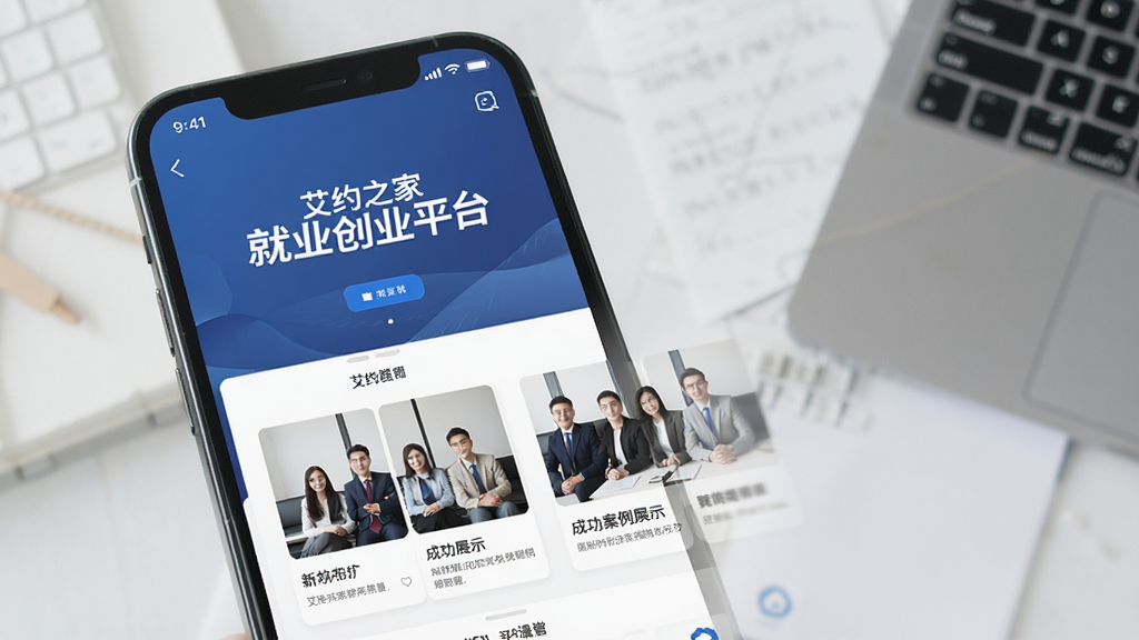 艾约之家就业创业板块,手机界面显示创业扶持政策、成功案例展示,配有“就业创业平台”文字,风格商务大气,布局合理,画质高清,干净无多余元素