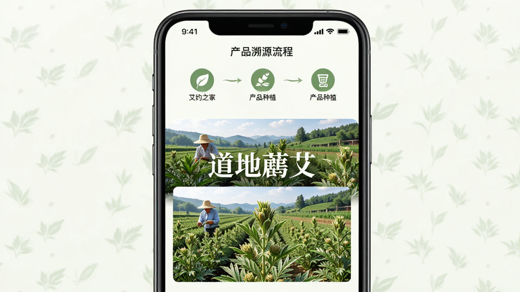 艾约之家品质溯源页面,手机界面显示蕲艾种植基地实景图,配有“道地蕲艾”文字,上方有产品溯源流程图,整体风格清新自然,布局清晰,画质高清,干净无多余元素