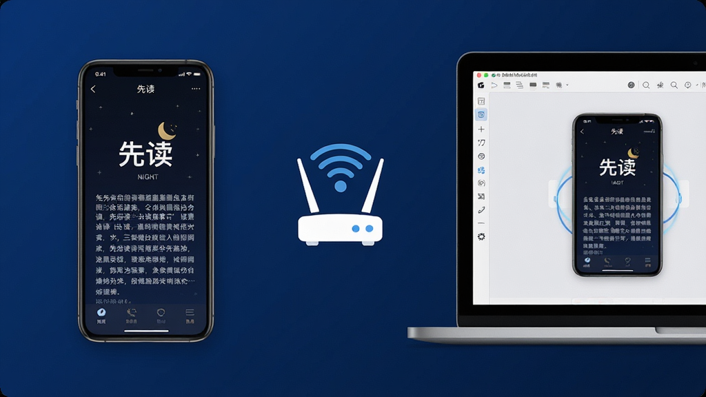 一张智能手机与电脑并排摆放的俯拍图,手机屏幕显示“先读”APP的夜间阅读模式界面,电脑屏幕显示模拟器中的“先读”界面。布局为左右对称,中间放置一个Wi-Fi路由器图标。风格为简洁科技感,采用深蓝色背景,突出多设备同步和网络连接的主题。细节需展示手机和电脑上的“先读”界面文字,画质清晰,干净无多余元素。