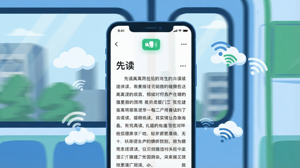 一幅描绘移动端离线阅读场景的插画,主体是手机屏幕展示阅读界面,屏幕上方有绿色的离线标志图标。背景是行驶的地铁车窗,窗外景色模糊。布局为竖屏构图,手机占据画面中央,周围有云朵和Wi-Fi符号划过表示断网状态。风格清新简约,以蓝色和绿色为主色调,体现流畅与便捷。细节需在屏幕中显示“先读”文章段落,画质干净,无多余元素。
